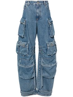 light blue cotton washed denim logo patch to the rear embroidered logo belt loops button fly fastening wide leg classic five pockets multiple cargo pockets The Attico Pants, Blue Cargos, Jean Cargos, Jean Cargo Pants, Cargo Pocket Design, Jeans Farfetch, Jeans Patch, Pinterest Wardrobe, Cargo Denim