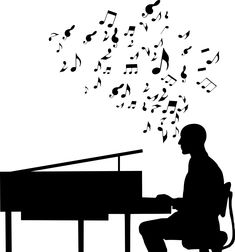 a man sitting at a piano with musical notes coming out of the top of his head