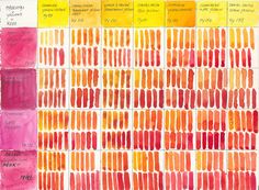 the different shades of watercolor pencils are shown in various colors and sizes, including pink