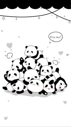 a bunch of pandas sitting on top of each other in front of a black and white background