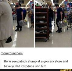 two pictures of people shopping in a grocery store