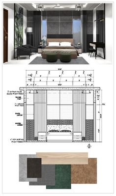 an architectural drawing shows the interior and exterior of a bedroom with furniture, including a bed,