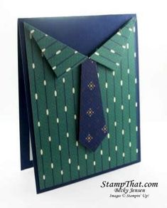 an origami card with a blue tie and green dress shirt on the front