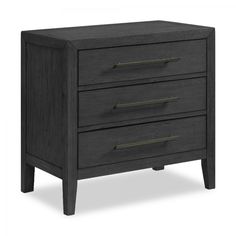 the night stand has three drawers and two pulls on each side, with one drawer open