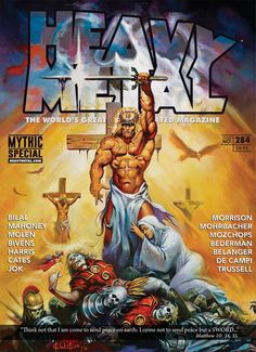 the cover to heavy metal magazine, featuring an image of a man on a cross