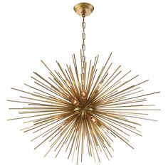 a chandelier hanging from the ceiling with gold colored metal rods and lights on it