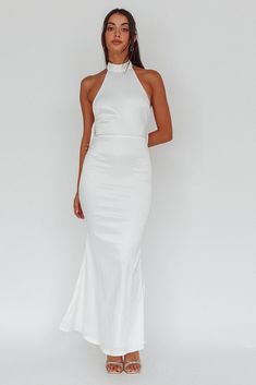 Fifth Avenue Bow Back Maxi Dress White White Long Dresses Formal, White Graduation Dress High School, White Long Dress Formal, Graduation Dress High School, Leslie White, White Prom Dress Long, Graduation Dresses Long, Confirmation Dresses, White Dresses Graduation