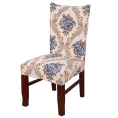 a chair with a blue flower pattern on it's back and wooden legs, against a white background