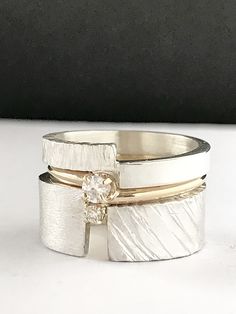 Happy Choices Stacking Rings by Dagmara Costello (Gold, Silver & Stone Ring) | Artful Home Wide Band Engagement Ring Silver, Silver And Gold Rings Together, Ring Redesign Before And After, Chunky Engagement Rings, Wide Band Wedding Ring, Wide Band Diamond Rings, Modern Ring Design, Silver Stone Ring, Diamond Ring White Gold