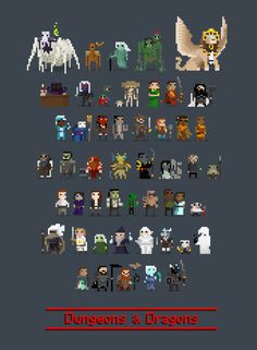 an image of pixel art with different characters and text that reads, unicorns & dragones