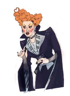 a drawing of a woman with red hair wearing a blue coat and striped dress, holding a cane