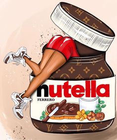 a painting of a woman laying on top of a jar of nutella with her legs spread out