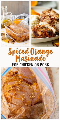 an orange marmalade for chicken or pork is shown in this collage with the words spiced orange marmalade on it