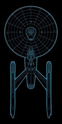 a blueprint drawing of a spaceship with wheels and spokes on the bottom, in front of a black background