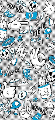 a bunch of cartoon characters on a blue and white background with black dots in the middle