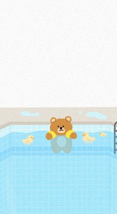 there is a teddy bear floating in the pool with ducklings and an empty ladder