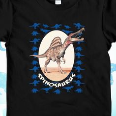 Spinosaurus graphic tee shirt for kids with a blue dinosaur pattern consisting of triceratops, tyrannosaurus rex, stegosaurus, and spinosaurus! Girl Dinosaur, Dinosaur Gifts