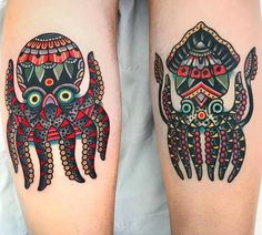 two tattoos on the legs of people with octopus and skull tattoo designs on their thighs