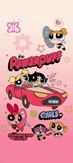 the powerpuff girls movie poster with cartoon characters in pink and yellow colors, including two