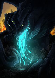 a dragon with glowing green eyes is in the dark, surrounded by rocks and flames