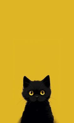 a black cat with yellow eyes sitting on the floor in front of a yellow background