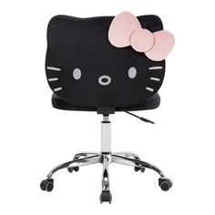 a black hello kitty office chair with a pink bow on it's head and wheels