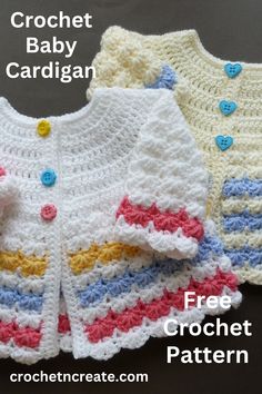 three crocheted baby sweaters with different colors and designs on the front, one is