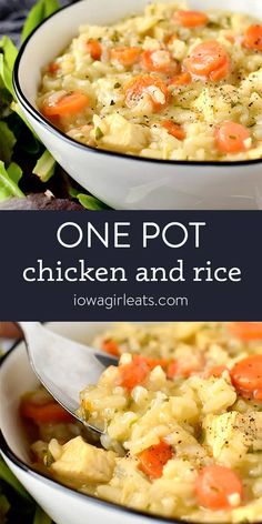 one pot chicken and rice soup in a white bowl with a green border around it
