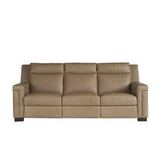 a beige leather couch with two reclinings on the back and one arm extended