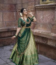 Langa Voni Half Saree, Silk Half Saree, Green Blouse Designs, Half Saree Function, Long Blouse Designs, Half Saree Lehenga, Long Gown Design