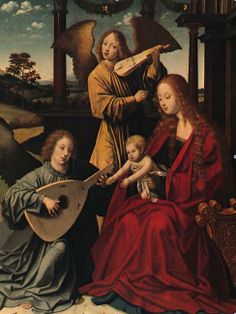 an image of a painting with angels playing instruments and children sitting in front of it