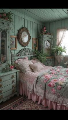 a bed sitting in a bedroom next to a dresser under a window with flowers on it