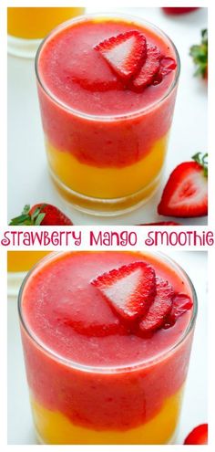 strawberry mango smoothie in two glasses with strawberries on the top and another side
