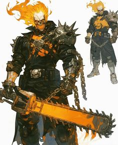 an image of a man holding a chainsaw in front of two other men wearing armor