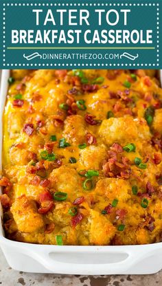 tater tot breakfast casserole in a white dish with green onions and bacon