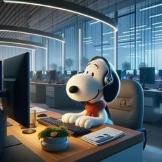 a cartoon dog sitting at a computer desk with headphones on and looking at the screen