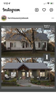 two pictures of a house with the same roof and windows, one has a gray metal roof