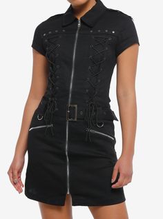Keep your edgy look laced up with this black mini dress! It features a zipper running down the center  plus zipper pockets on the hips. Complete with a grommet belt that has hardware details  plus laces crisscrossing down the chest. Please note: Dress is fitted with no stretch; size up for a looser fit. Grommet Belt, Tall Hoodies, Zipper Dress, Plus Size Fits, Black Mini Dress, Edgy Look, Socks And Tights, Sweaters And Jeans, Dress Zipper