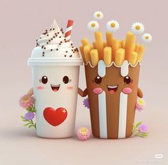 two cartoon characters are holding french fries next to a cup of milkshake and ice cream