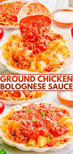 ground chicken bolognesiane sauce is being served on plates with tomatoes and lettuce