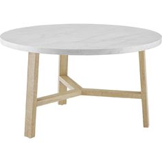 a white table with wooden legs and a round marble top, on a white background