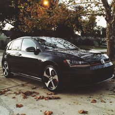 a black car parked in front of a tree with leaves on the ground next to it