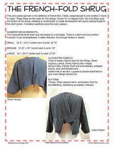 the french - fold shrug jacket pattern is shown with instructions for how to sew it