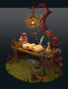 an open book sitting on top of a wooden table next to a lamp and tree