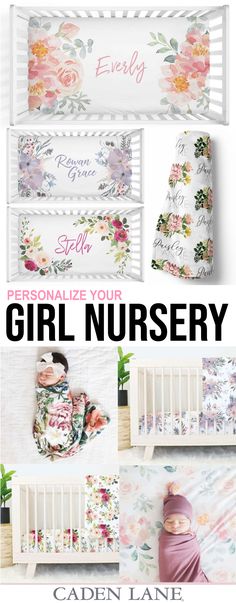 a baby crib with flowers on it and the words, personalize your girl nursery