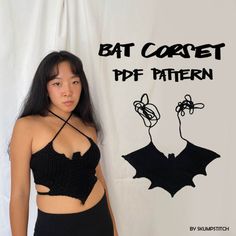 a young woman posing in front of a bat crochet pattern on a white background