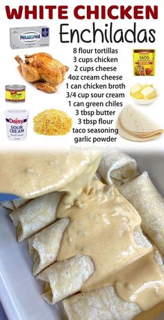 white chicken enchiladas with gravy on top and ingredients in the background