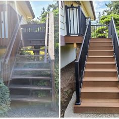 two pictures side by side one has stairs and the other has steps with railings