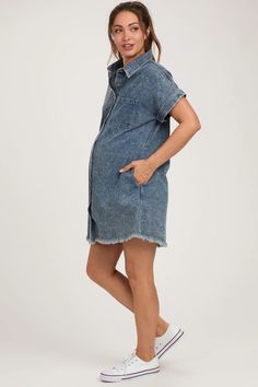 Blue Denim Button Up Maternity Dress– PinkBlush Denim Tunic, Dress Denim, Cuffed Shorts, Maternity Dress, Dolman Sleeve, Maternity Dresses, Maternity Clothes, Denim Dress, Denim Button Up