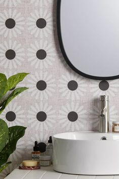 a white sink sitting under a mirror next to a potted plant and wall paper